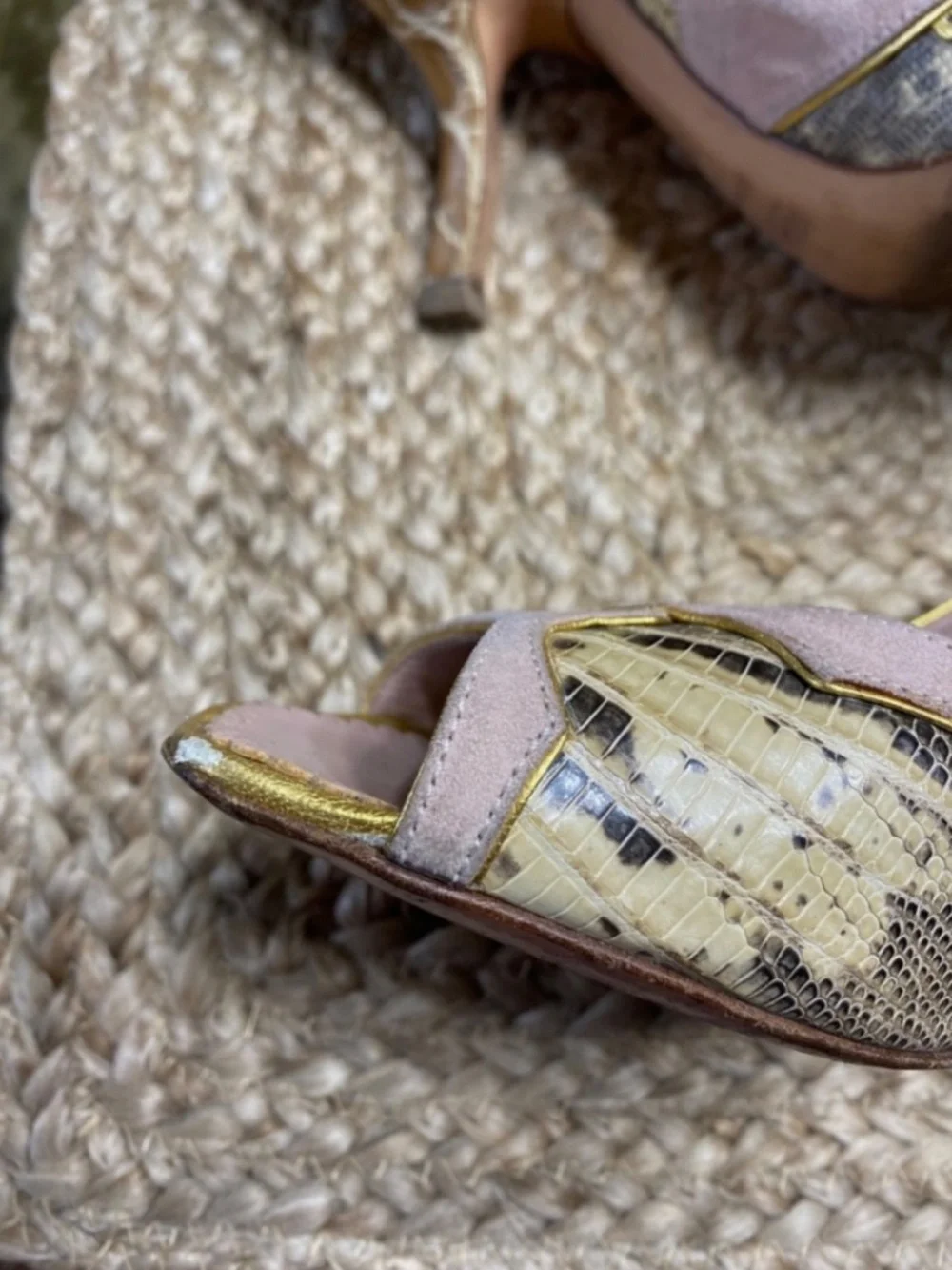 Prada alligator/ lizard gold pale pink peep toe heels Size 8 /38